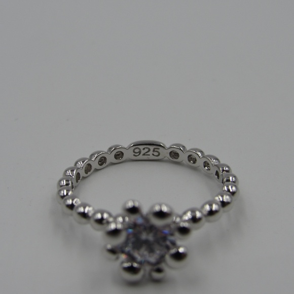 Sterling Silver Beaded Band Clear CZ Diamond Ring - Picture 4 of 5